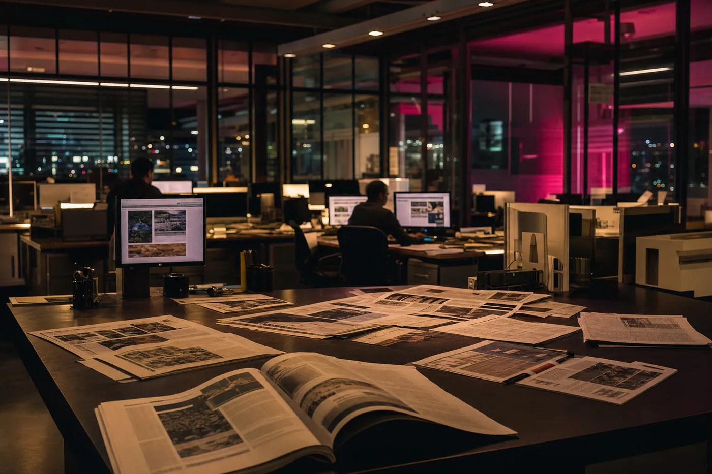 Redação de jornal à noite, provas impressas sobre a mesa